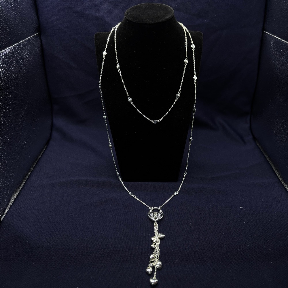 Candies Breaking Hearts Silver Tone Long Station‎ Necklace with Heart Tassel